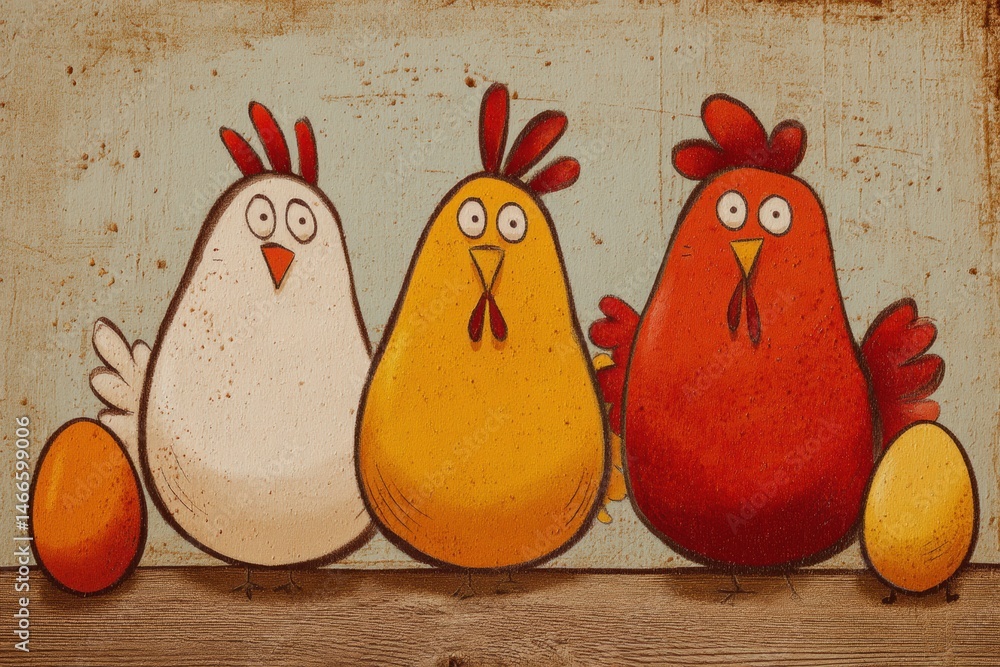 Poster Whimsical Cartoon Hens With Colorful Eggs Against a Rustic Background in a Cheerful Henhouse Setting Generative AI