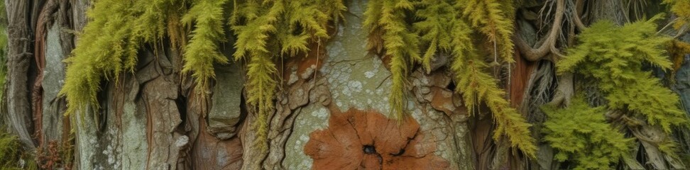 Ancient moss-covered tree trunk, weathered bark, lichen , environment, photography