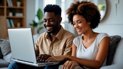 Happy multiracial couple enjoying online shopping together