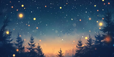 Starry Night Forest Dreamy with mystical winter scene with glowing stars.
