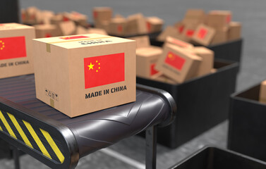 Conveyor belt is transporting Made in China products. 3D illustration