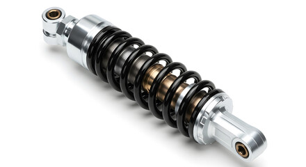 Shiny Metallic Shock Absorber with Black Spring Automotive Component Close Up on White Background