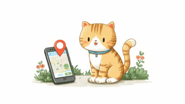 Cute cartoon orange cat with collar sitting near smartphone showing location pin on white background