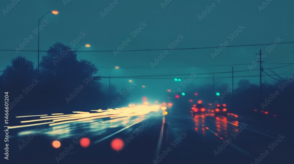 Poster blurred motion effect of a highway with streaks of car lights, conveying high-speed movement against