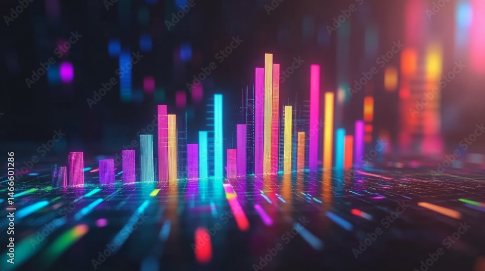 Poster bright gradient d bars rising from a digital floor with soft reflections, creating a futuristic data