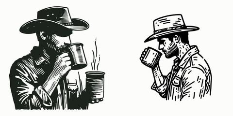 Cowboy Drinking coffee from tin mug. Western rodeo Outline Clipart line art doodle vector illustration. Rancher sipping beverage metal cup theme lifestyle imagery.