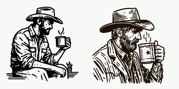 Cowboy Drinking coffee from tin mug. Western rodeo Outline Clipart line art doodle vector illustration. Rancher sipping java metal cup lifestyle theme morning brew.