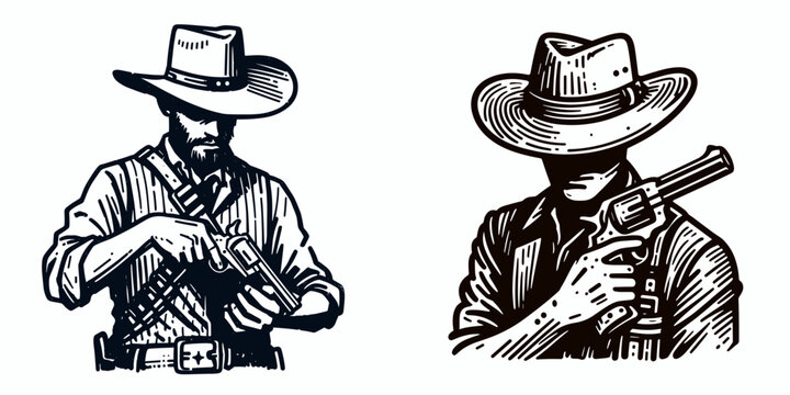 Cowboy Drawing gun from holster. Western rodeo Outline Clipart line art doodle vector illustration. gunslinger quick-draw action a vintage illustration of frontier life.