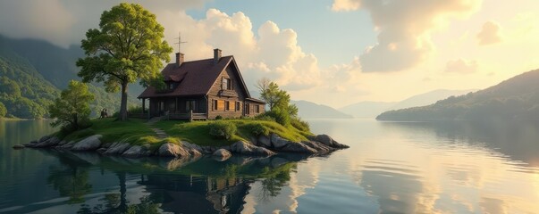 Der Haus am Ende des Regenbogens steht auf einer kleinen Insel, umgeben von Wellen und Sonnenlicht, hus, sonnenschein