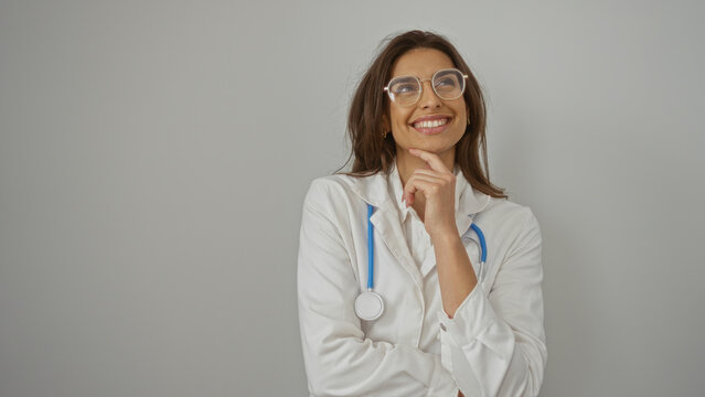 Woman smiling confidently with stethoscope on white background wearing glasses and lab coat looking thoughtful in contemplative pose isolated in professional setting.