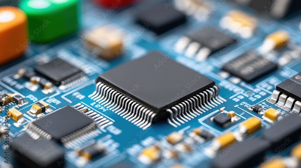Poster a close up shows a microchip on a complex electronic circuit board design.