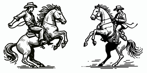 Obraz premium Cowboy Horse rearing. Western rodeo Outline Clipart line art doodle vector illustration. Mounted herder animal lifting forelegs rural west equestrian tradition motion.