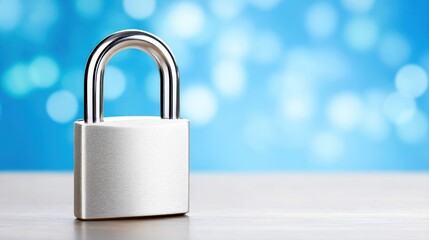 Fototapeta premium A shiny silver padlock sits securely on a wood surface in bright light.