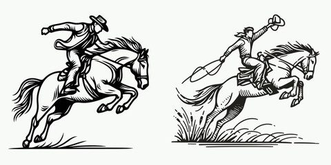Naklejka premium Cowboy Jumping off horse. Western rodeo Outline Clipart line art doodle vector illustration. Equestrian acrobatics rancher leaping from steed heritage stunt.