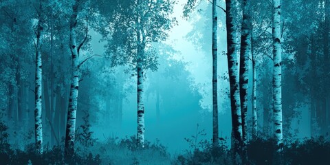 Ethereal Teal Misty Birch Forest in Dreamy Light.