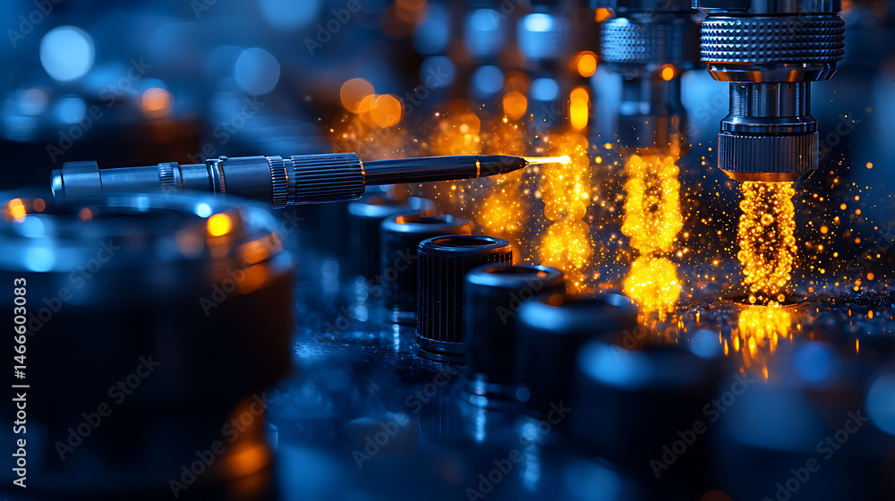 Poster closeup of advanced technology, showcasing precision instruments emitting golden sparks. dynamic, fu