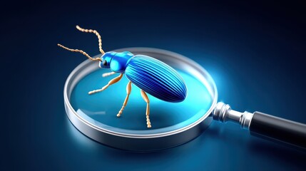 A shiny blue beetle is magnified by a magnifying glass on blue backdrop.