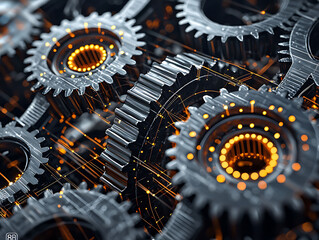 Intricate 3D render of metallic gears interlocked, glowing orange energy sparks connecting them.  Stylish, hightech image ideal for technology, engineering, or innovation concepts.