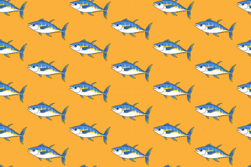 tuna fishes sea animals doodle cartoon illustration colorful seamless pattern on yellow background for fishing sport, restaurant, market, kids merchandise