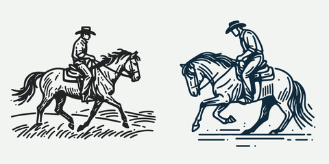 Fototapeta premium Cowboy Mounting a horse. Western rodeo Outline Clipart line art doodle vector illustration. Rancher astride equine rural west tradition livestock riding heritage.