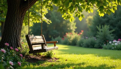 Naklejka premium Rustic wooden swings gently sway in a sun-drenched garden , charming, swing set, green