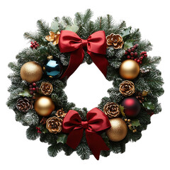 Buy christmas wreath with red bow ornaments and pine cones for front door on transparent background