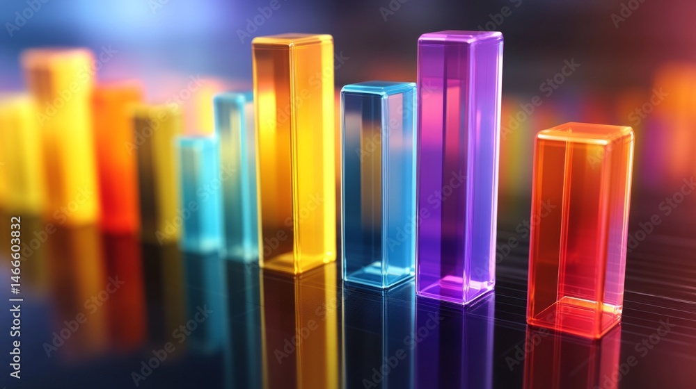Poster colorful d bar graph with tall, transparent bars on a reflective surface, casting shadows and illumi