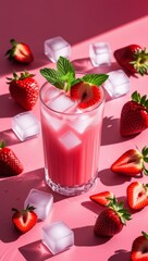 A cold, sweet, pink strawberry milkshake, smoothie, and yogurt drink with fresh red berries in a glass