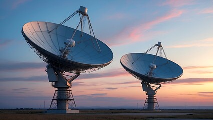 Majestic satellite dishes against a twilight sky