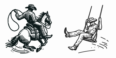 Cowboy Swinging from saddle. Western rodeo Outline Clipart line art doodle vector illustration. Rancher aloft horse mounted executing a hanging vault lifestyle.