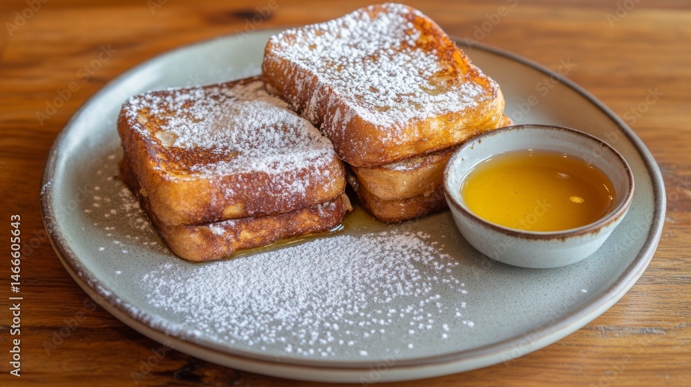 Poster fluffy cinnamon toast dusted with powdered sugar, with a small dish of honey on the side for a warm 