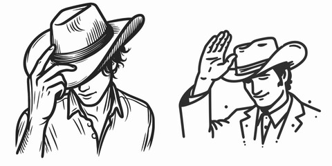 Fototapeta premium Cowboy Tipping hat in greeting. Western rodeo Outline Clipart line art doodle vector illustration. Rancher headwear gesture welcoming salute country custom culture.