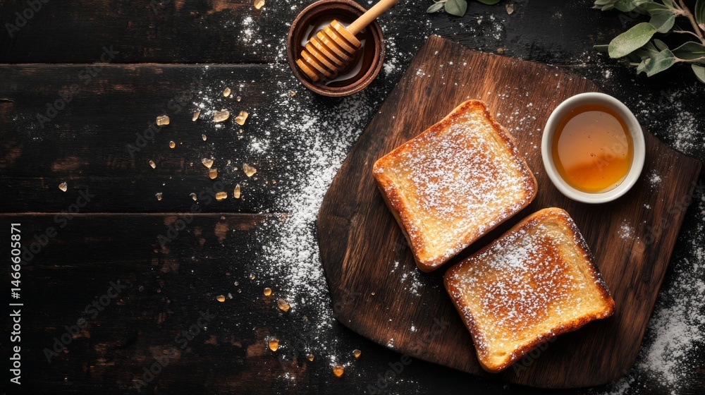Poster fluffy cinnamon toast dusted with powdered sugar, with a small dish of honey on the side for a warm 