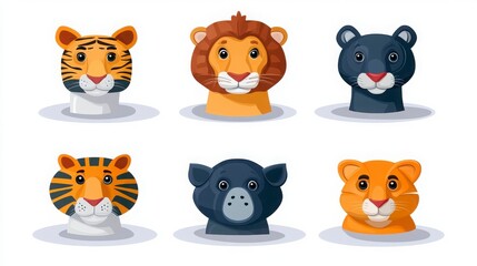 Fototapeta premium Cute Cartoon Animal Heads Featuring Tiger, Lion, Panther, and More