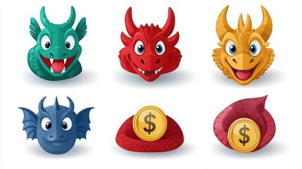 Obraz premium Colorful Cartoon Dragon Heads with Coins in a Fun Fantasy Style