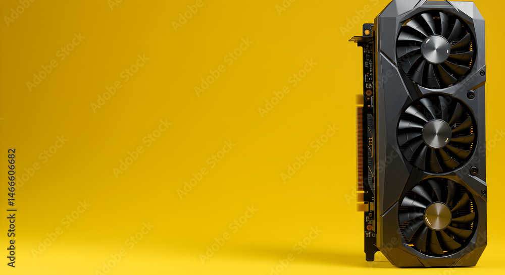 Poster black graphics card featuring three fans on a bright yellow background for computer hardware and gam