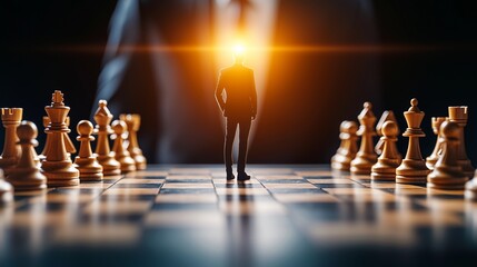 Man on chessboard as strategy concept, man standing on chessboard surrounded by chess pieces, man on chessboard as strategy concept, man as chess player symbol, business strategy chessboard man