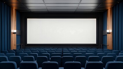 Modern cinema auditorium with empty blue seats
