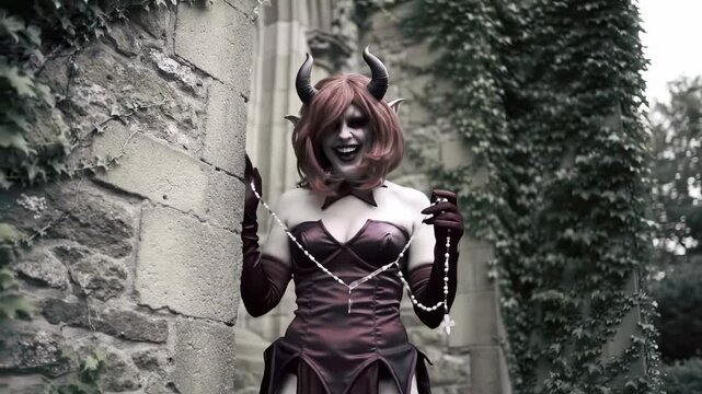 Enigmatic character in a dark fantasy setting, posing near an ancient stone wall with ivy - laughing demon