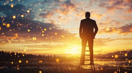 Man standing on ladder watching sunset, man on ladder reaching goals in glowing sunset, man standing on ladder watching sunset, success vision at sunset, man climbing towards light in sunset scene