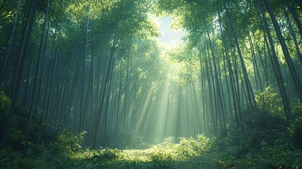 The sun shines through the green of the forest