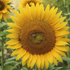 Busy bee collecting pollen from giant sunflower's disc florets , agriculture, detail