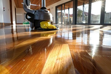 Elegant maid vacuuming in bright luxury living room with modern decor