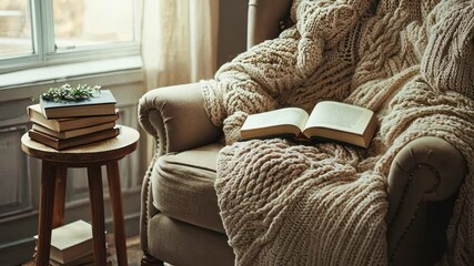 A cozy reading nook with a soft armchair, a knitted throw, and a stack of books on a small side table. - Powered by Adobe