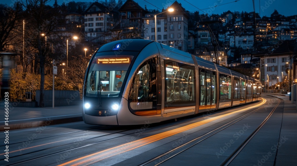 Poster long exposure of a futuristic train moving quickly on rails, with glowing streaks of light and motio
