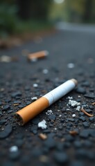A discarded cigarette butt lies on the pavement, ash scattered nearby , end, texture, city