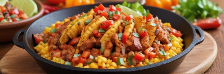 Close-up of sizzling tacos al pastor and bell pepper salsa in a cast iron skillet ,  delicious,  ingredients