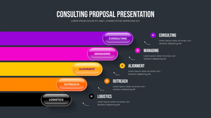 Business Launch Frame Design Vector Illustration. Service Forecast 5 Element Infographic Slide Template. Creative Report Five Option Diagram Presentation Layout.