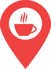 Coffee shop location pin icon in trendy style . Map pointer with hot coffee cup icon . Vector illustration