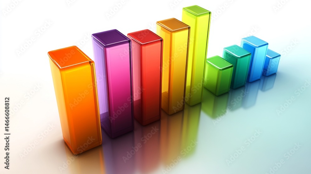 Poster multi-colored d bar graph on a glossy surface, with each bar casting distinct shadows, giving a shar